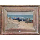 Viktor Poltavets 1925: Beach scene with boats and figures, oil on canvas, signed and dated 1963 on