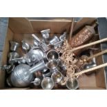 A collection of commemorative pewter ware bells and other pewter, brassware etc and a pewter