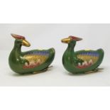 A pair of Chinese cloisonne green ducks length 18cm