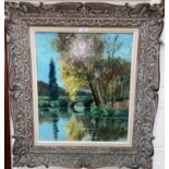20th Century Impressionistic: River landscape, oil on board, signed indistinctly, 54 x 45 cm, framed