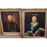 A pair of oils on board depicting a Chinese lady and gentleman in traditional dress, framed,