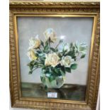 Edith Charnley still life of roses, oil on board framed and glazed