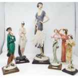 A large Art Deco style Capodimponte resin figure and 5 similar smaller