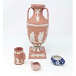 A Wedgwood classical pedestal vase in pink Jasperware, height 21 cm; miniature Jasperware