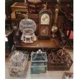 4 ornamental bird cages; a reproduction wall clock and barometer
