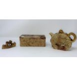 A Chinese carved hardstone covered box, 17 x 9cm (chip to lid and inner rim; a similar tea pot; a