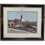 20th Century: Canal scene with narrow boats, pastel sketch, signed, 36 x 49 cm, framed and glazed