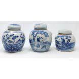 A Chinese blue and white ginger jar depicting children picking fruit, another depicting blossom