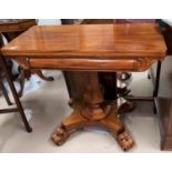 A William IV mahogany tea table with rectangular fold-over top, on hexagonal baluster column and