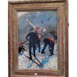 Grigory Andreevich Shpon'ko 1926-2005: On the Slope, skiers putting on their skis, oil on card,