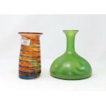 A Mdina orange vase with flared rim; a Loetz style green lustre vase with impressed indentations