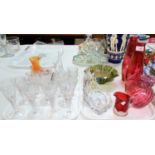 A part set of conical cut Stuart wine and Sherry glasses and other coloured and decorative glassware