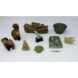 A selection of jade coloured hardstone and other similar items, bowl etc