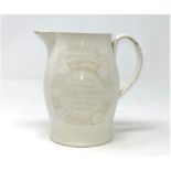 A Georgian creamware jug with text ' Rum, Brandy, Gin', 'Long Live the King' etc., height 14 cm