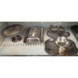 A rectangular gadrooned silver plated entree dish and a selection of silver plate