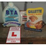 A vintage Gillette Razor cardboard advertising sign, another cardboard sign, a tinplate drivers