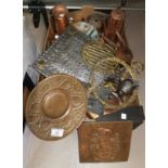 An Arts & Crafts copper plaque and a quantity of decorative metalware