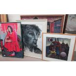 Woman in red, gouache on board, 76 x 51cm and a Batik of a town scene, a crayon drawing of a man?s