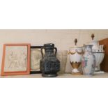Two large classical vase shaped table lamps; 3 vases; 2 reproduction relief plaques; a large