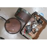 A copper jam pan stamped HMS 19; a large copper pan lid; a selection of metalware