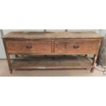 A vintage pine work bench with 2 drawers and shelf below, length 180cm