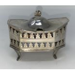 An octagonal mustard pot, pierced and ribbed classical style on 4 reeded feet, Britannia Standard