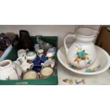 A Victorian jug and bowl set; 2 character mugs; commemorative mugs; decorative pottery