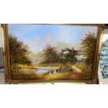 Les Parsons: River landscape with children fishing, cottage in background, oil on canvas, signed, 50