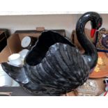 A large black swan vase; studio and other plaques; decorative pottery; bric-a-brac