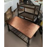 A 1930's oak 3 height tea trolley; a coffee table with copper top