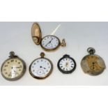 A gent's gold plated hunter pocket watch; a similar open faced watch; 2 other pocket watches (not