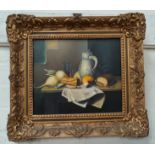 20th Century: Still life pipe and jug, oil on canvas, unsigned, 24 x 29 cm, gilt framed; prints