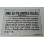 An enamel advertising sign: Powell Duffryn Associated Collieries Coal Mining, 24 x 33 cm