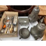 A selection of silver plated cutlery; a pewter meat dome; other pewter; etc.