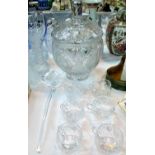 A large cut glass covered punch bowl and ladle, height 33 cm and a set of 6 cups