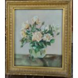 Edith Charnley still life of roses, oil on board framed and glazed