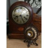 An Edwardian chiming mantel clock in Sheraton style arch top case; a French small bronzed mantel