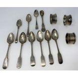 A matched set of 6 19th century silver teaspoons, other silver teaspoons and 3 silver napkin