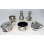 A silver 4 piece cruet of ribbed form, 3.25 oz, Birmingham 1919; a silver plated pierced oval salt