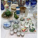 A selection of decorative pottery and glassware including 1930's jardiniere, hors d'oeuvres tray,