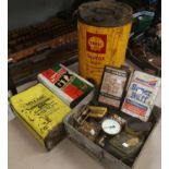 A Shell 5 gallon oil drum and other oil cans etc