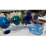 A 1930's blue glass dressing table set; a George V coronation glass dish; a selection of other