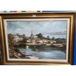 R Latham: River landscape, village and church in background, oil on canvas, signed, 50 x 75 cm,