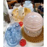 A 1930's spatter glass light bowl and globe; an iridescent cream vase; an Art Deco blue trinket set;