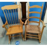 A lightwood rocking chair; another with rush seat