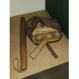 A wooden truncheon; a 19th century wooden skittles game