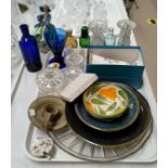 An early 20th century glass dressing table set; a Royal Doulton figure (a.f); decorative china and