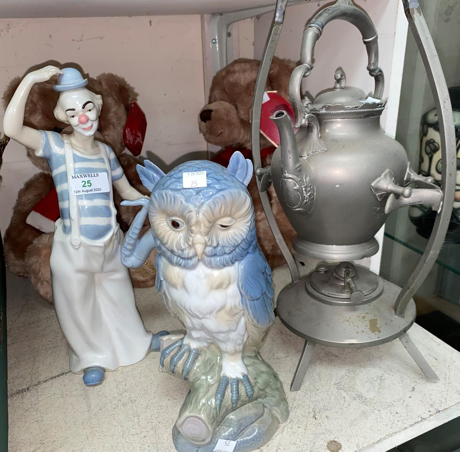 A Lladro style clown and owl; a plated spirit kettle; 2 Harrod's teddy bears 2013
