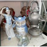 A Lladro style clown and owl; a plated spirit kettle; 2 Harrod's teddy bears 2013