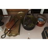 A 19th century copper kettle; a brass jam pan; metalware